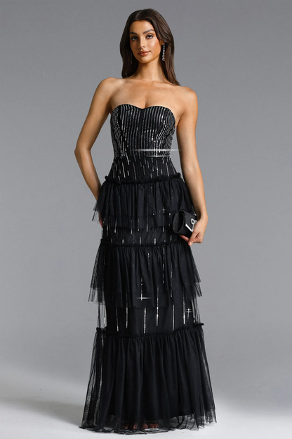 Midnight Star Tiered Tulle Gown with Beaded Strapless Bodice