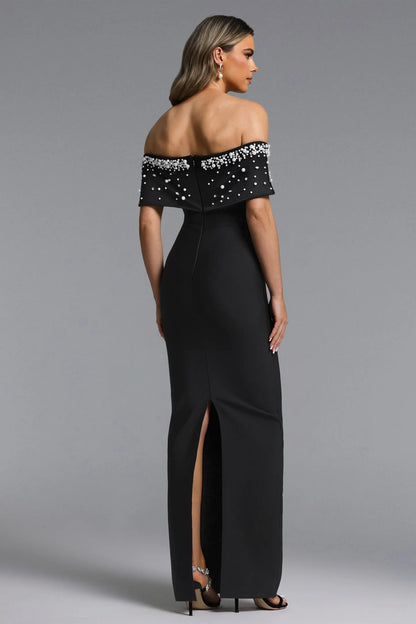 Elegant Pearl-Embellished Off-Shoulder Column Gown