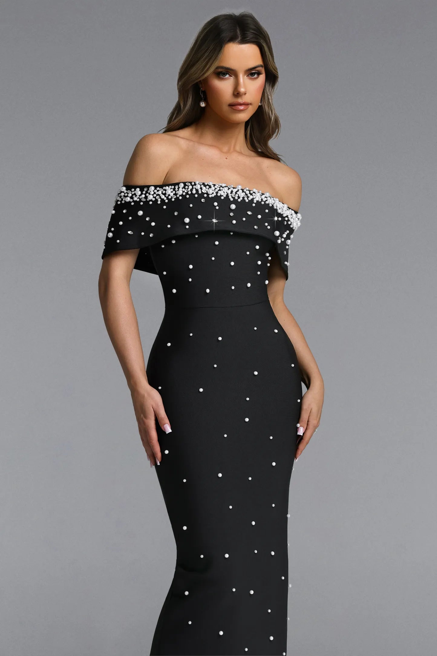 Elegant Pearl-Embellished Off-Shoulder Column Gown