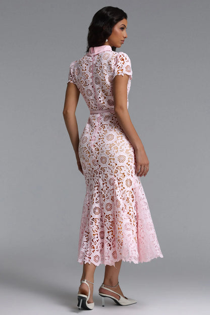 Blush Pink Floral Guipure Lace Collared Midi Dress