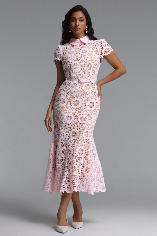 Blush Pink Floral Guipure Lace Collared Midi Dress