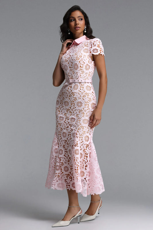 Blush Pink Floral Guipure Lace Collared Midi Dress