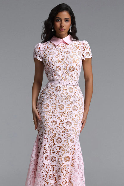 Blush Pink Floral Guipure Lace Collared Midi Dress