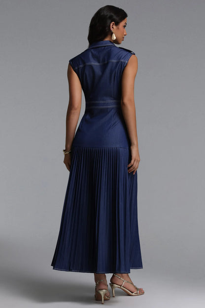 Sleeveless Dark Denim Pleated Utility Midi Dress