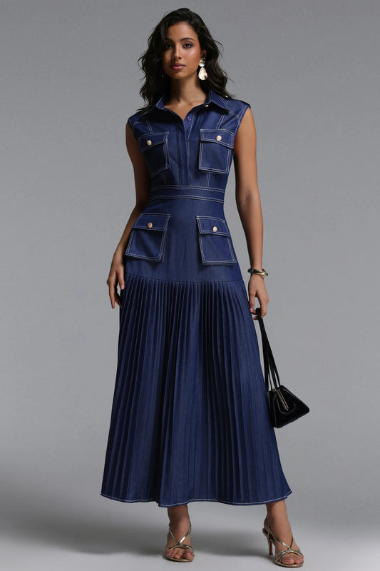 Sleeveless Dark Denim Pleated Utility Midi Dress