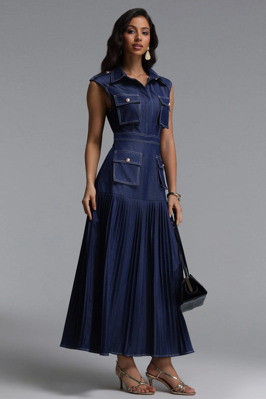 Sleeveless Dark Denim Pleated Utility Midi Dress