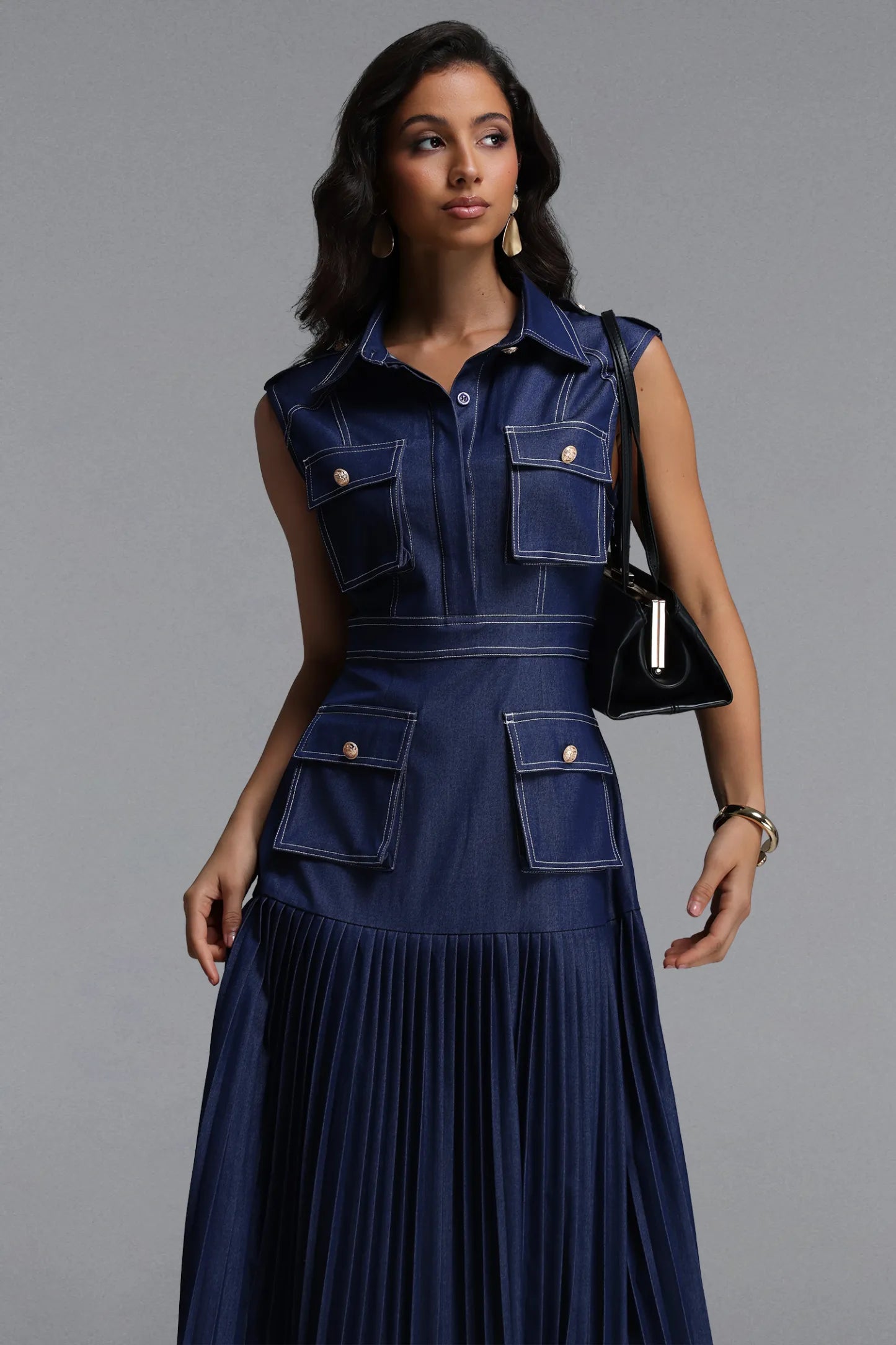 Sleeveless Dark Denim Pleated Utility Midi Dress