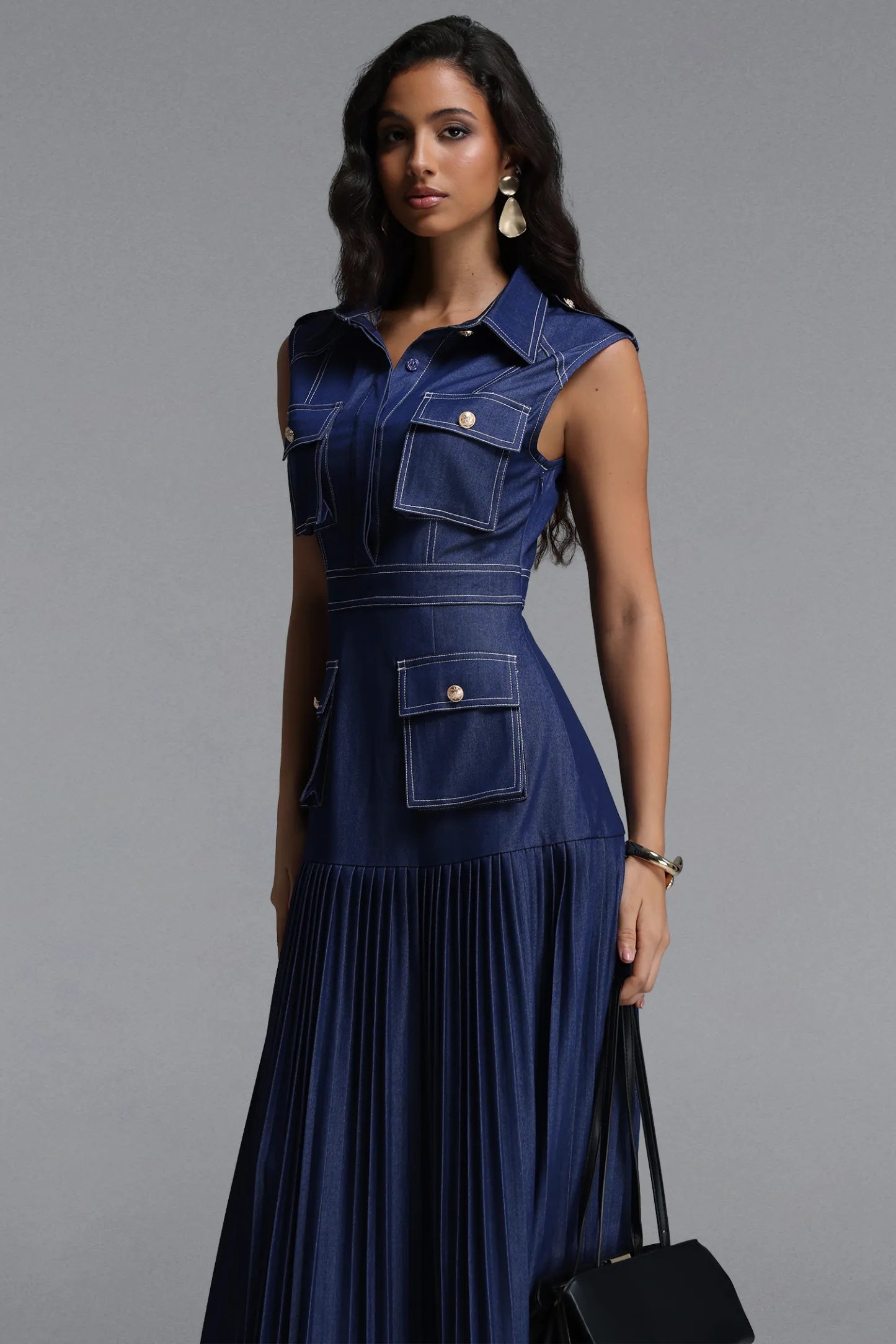 Sleeveless Dark Denim Pleated Utility Midi Dress