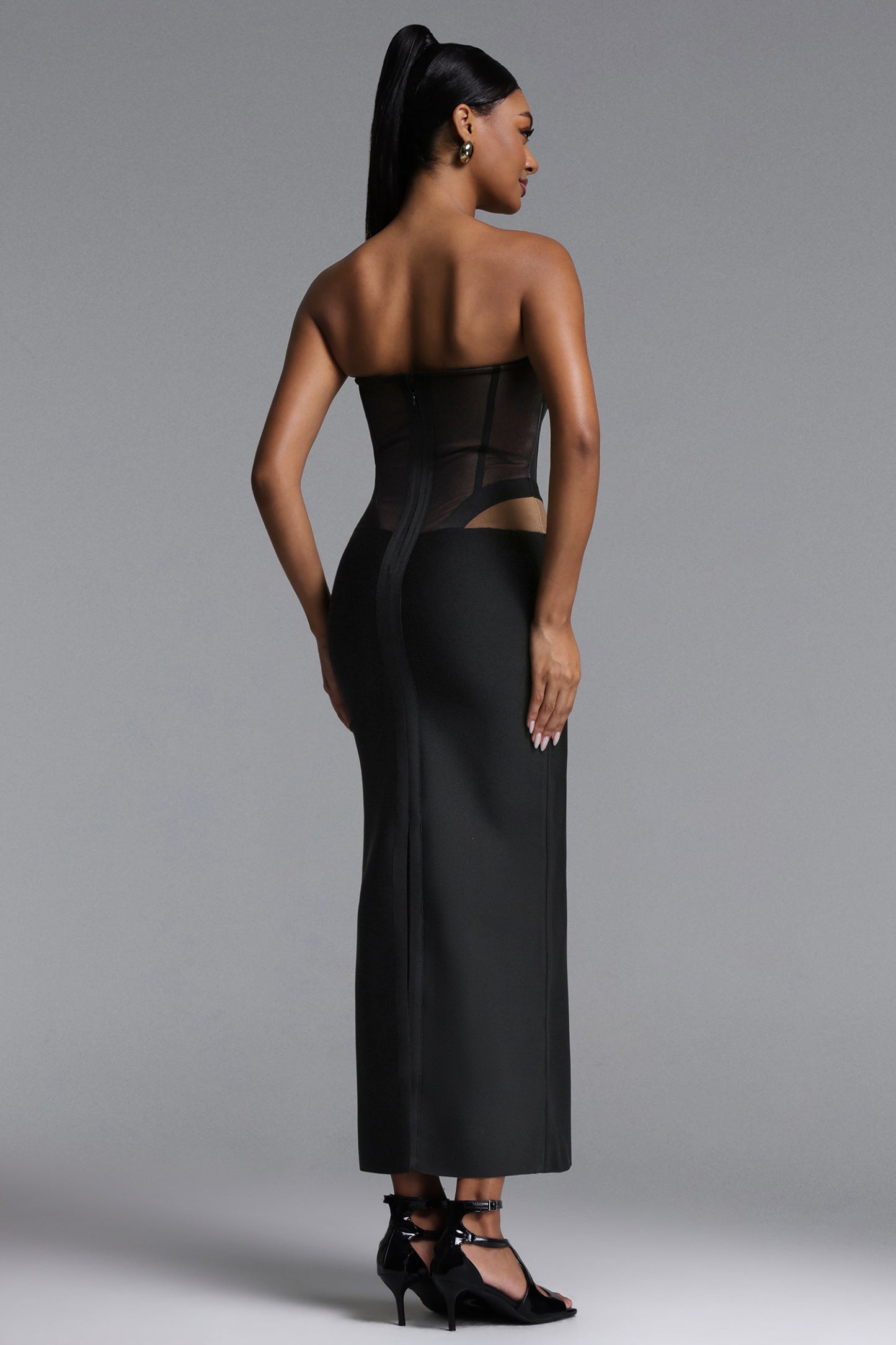 Xaviera Sexy Contour Strapless Cut Out Sheer Bandage Maxi Dress