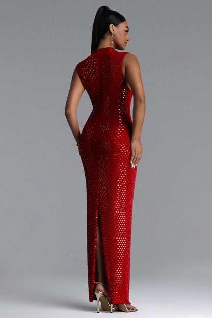 Radiant Red Sequin Embellished High-Neck Maxi Gown