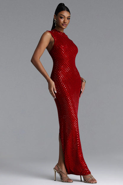Radiant Red Sequin Embellished High-Neck Maxi Gown
