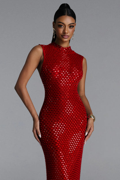 Radiant Red Sequin Embellished High-Neck Maxi Gown