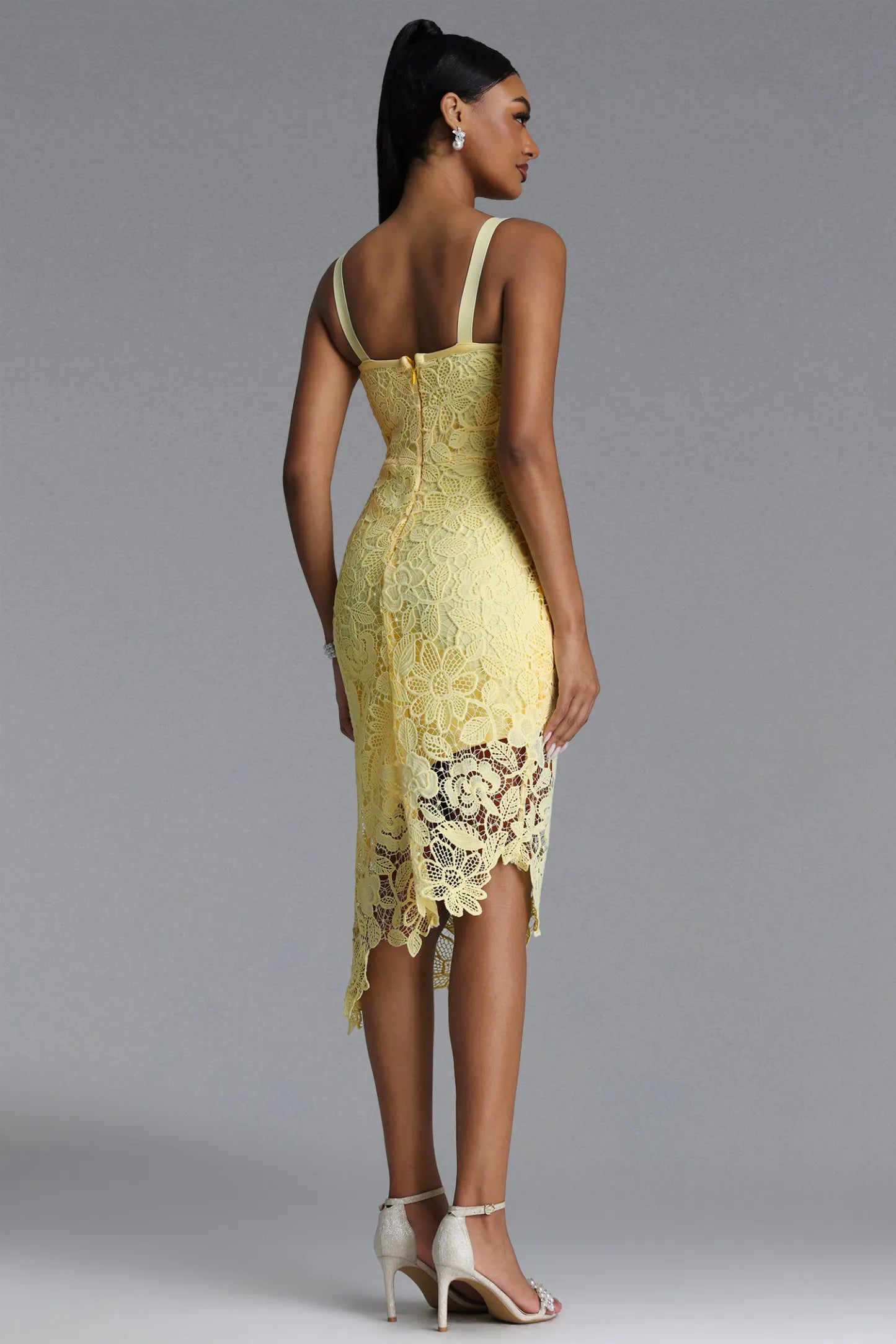Radiant Yellow Lace Asymmetrical Midi Dress