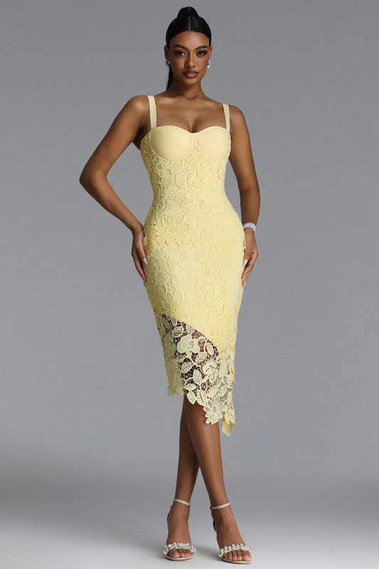 Radiant Yellow Lace Asymmetrical Midi Dress