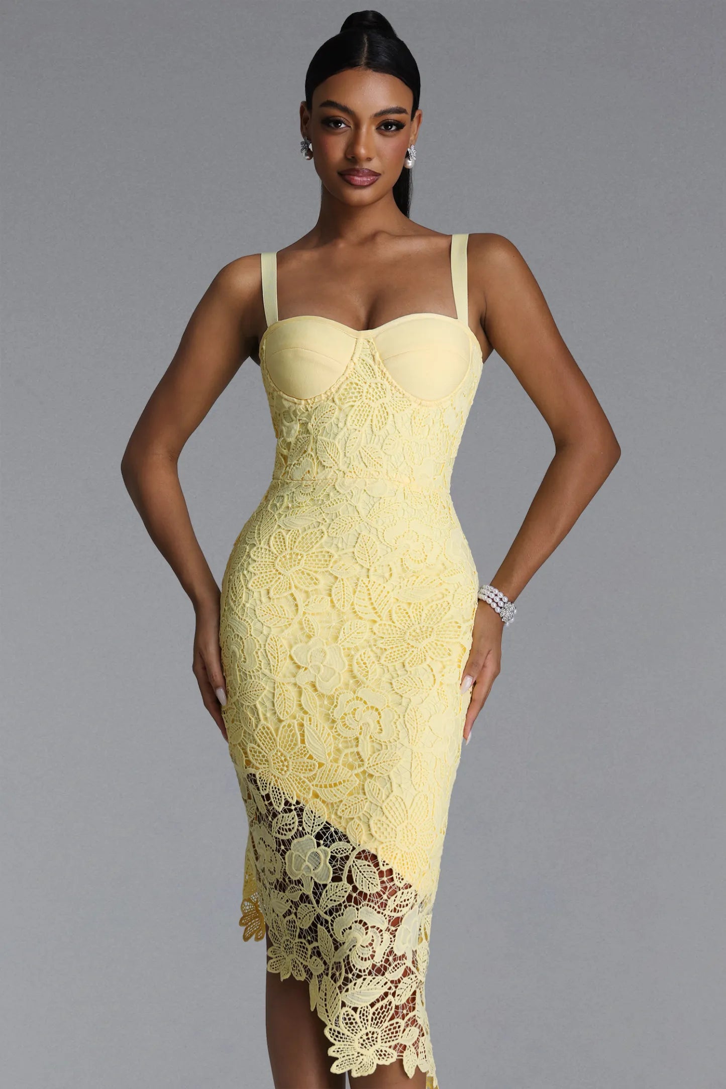 Radiant Yellow Lace Asymmetrical Midi Dress