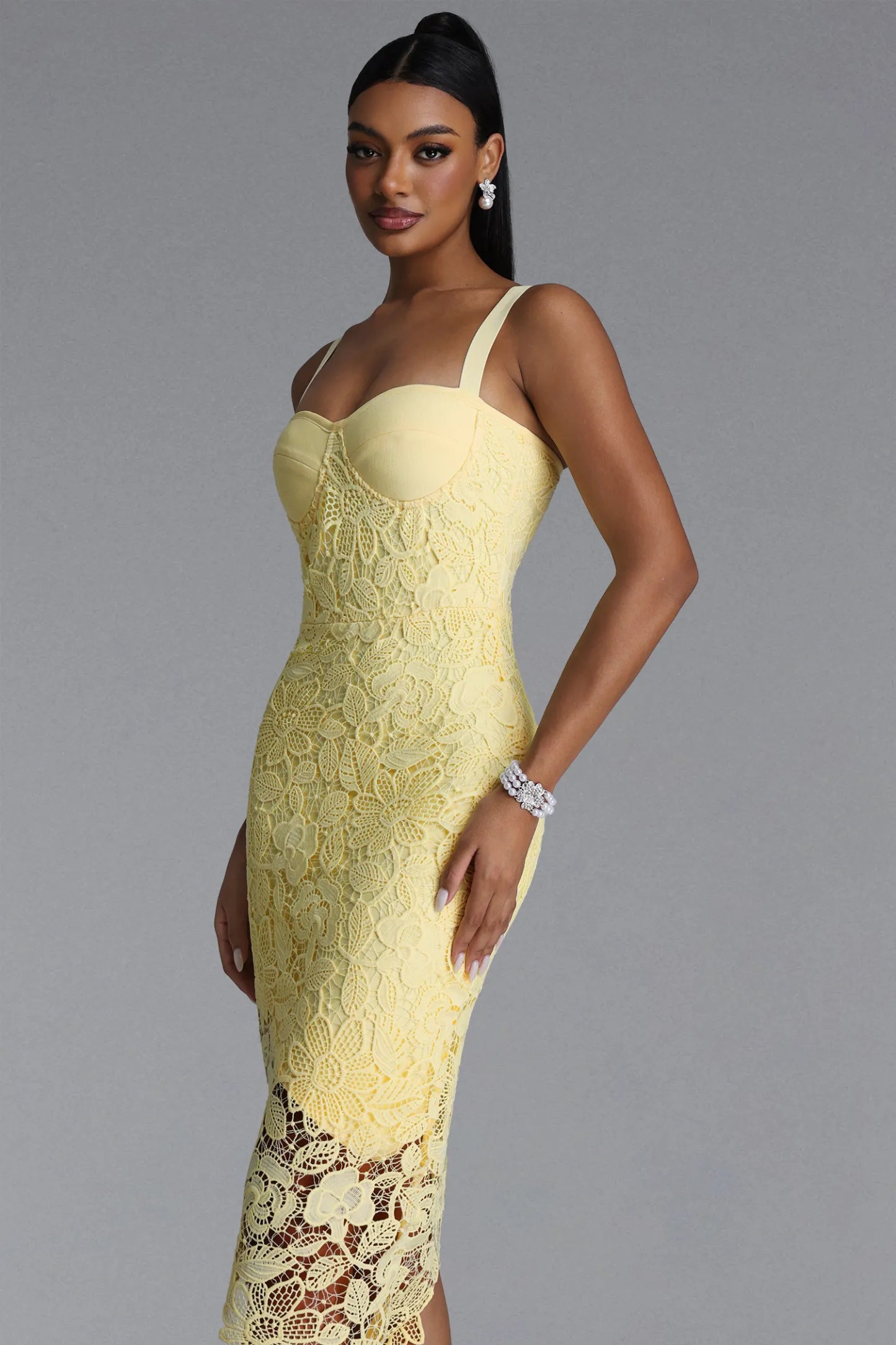 Radiant Yellow Lace Asymmetrical Midi Dress