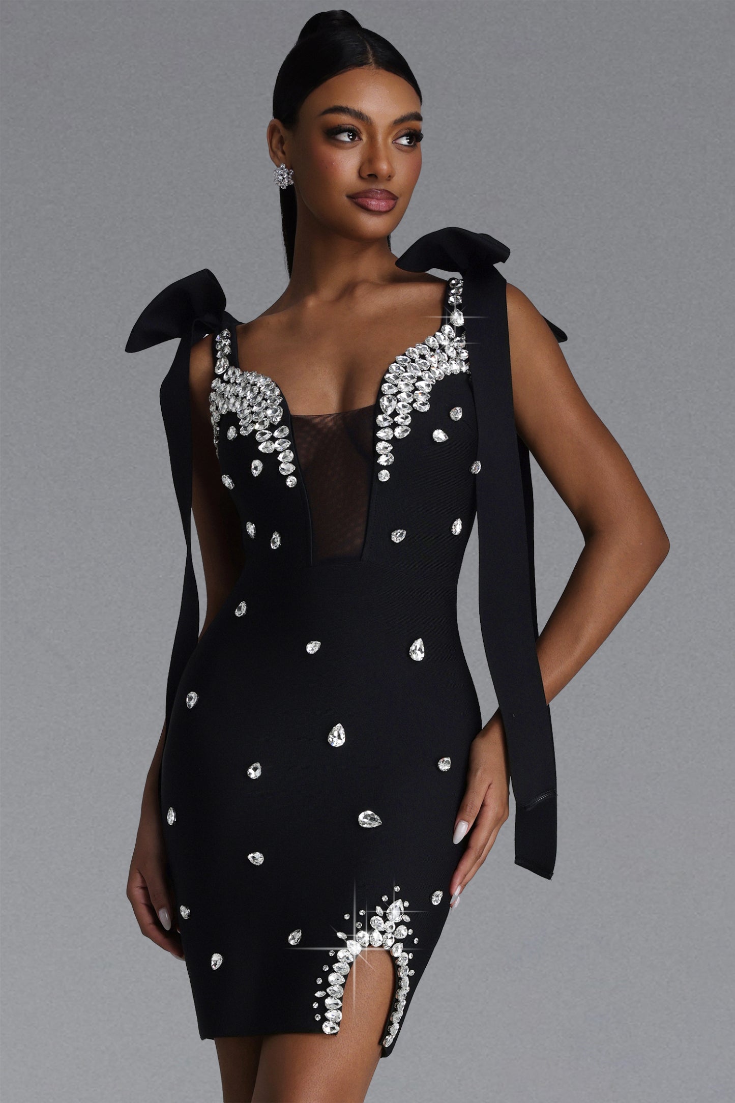 Embellished Bow-Strap Mini Dress