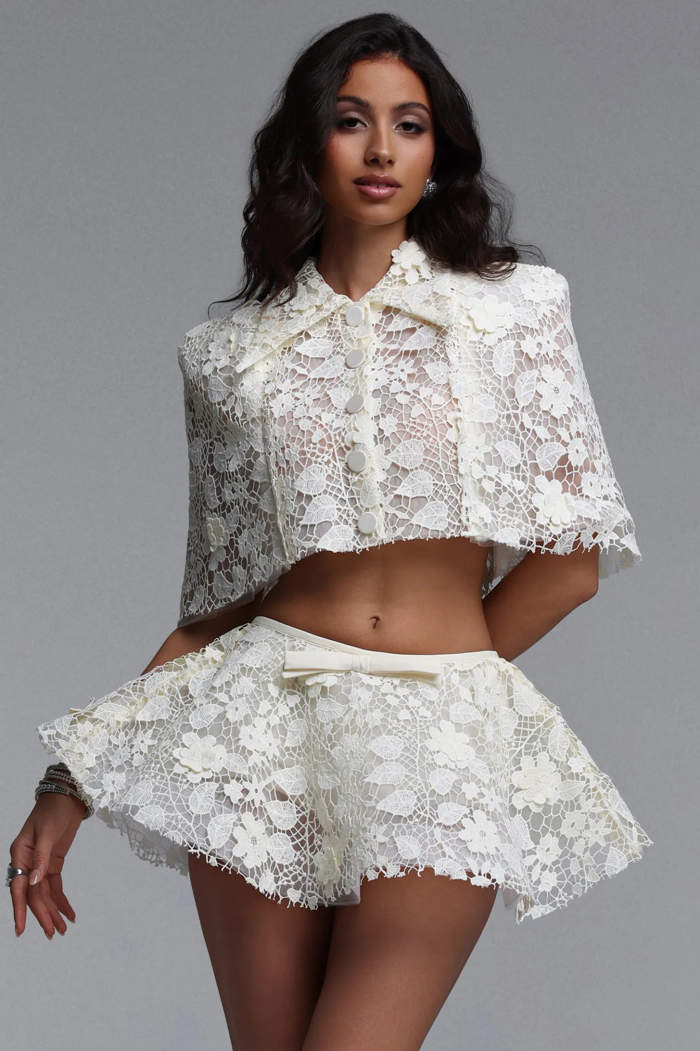 Elegant Floral Lace Cropped Cape and Mini Skirt Set