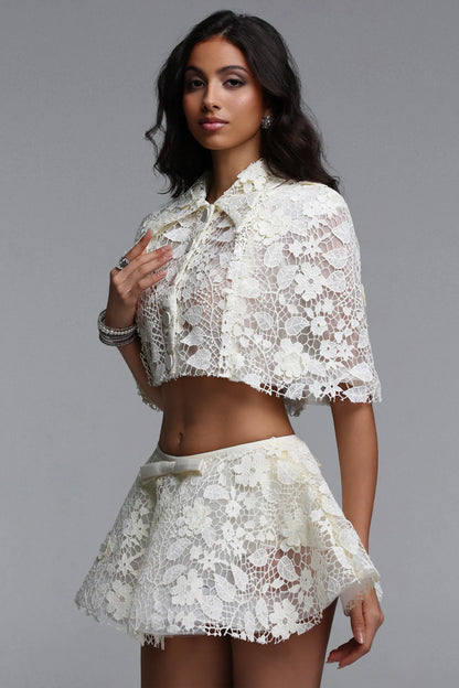 Elegant Floral Lace Cropped Cape and Mini Skirt Set