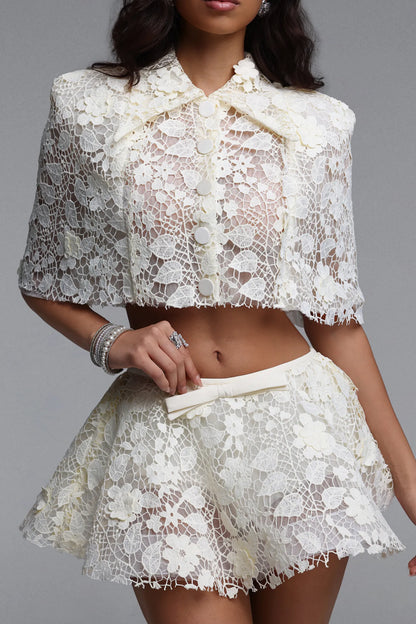 Elegant Floral Lace Cropped Cape and Mini Skirt Set
