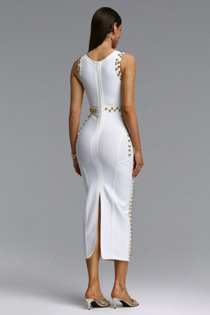Elegance Defined: White Gold-Embellished Sculpting Midi Dress