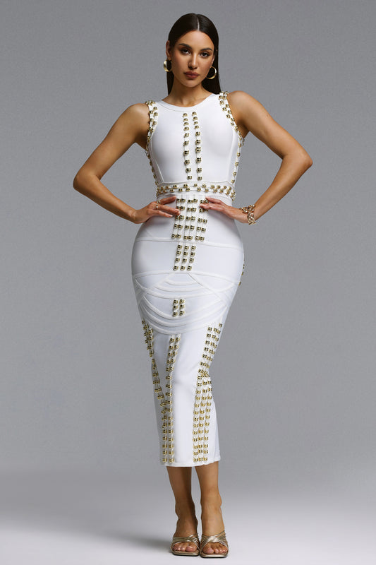 Elegance Defined: White Gold-Embellished Sculpting Midi Dress