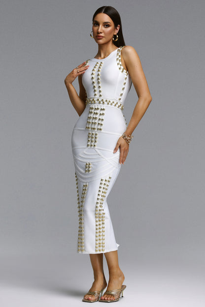 Elegance Defined: White Gold-Embellished Sculpting Midi Dress