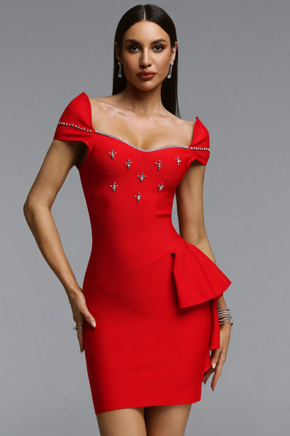 Elegant Red Embellished Off-Shoulder Mini Dress