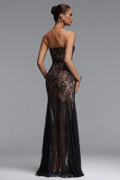 Elegant Strapless Black Lace Overlay Column Gown