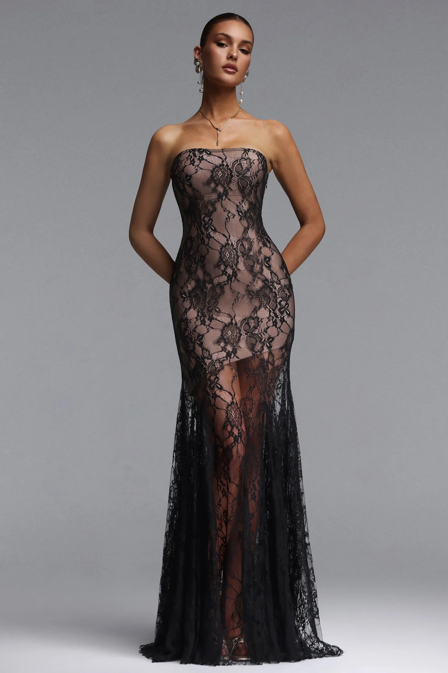 Elegant Strapless Black Lace Overlay Column Gown