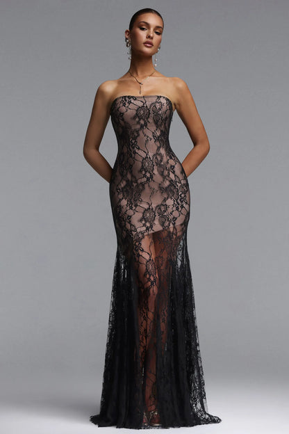 Elegant Strapless Black Lace Overlay Column Gown