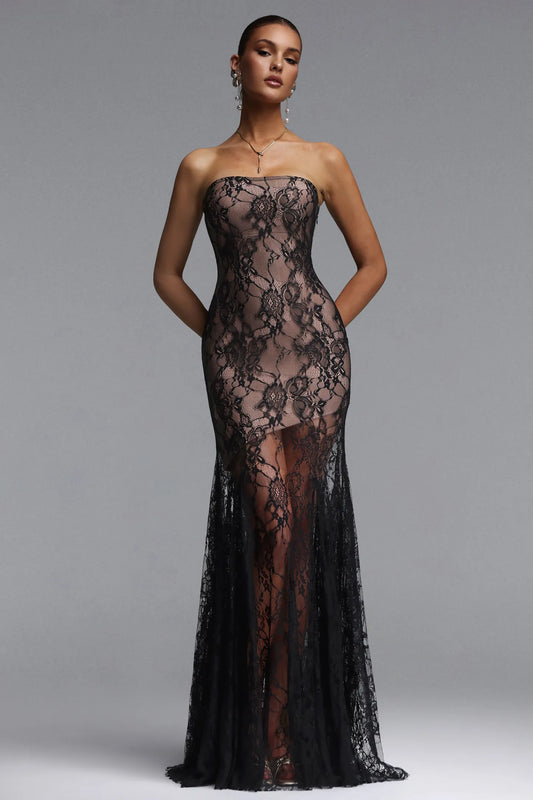 Elegant Strapless Black Lace Overlay Column Gown