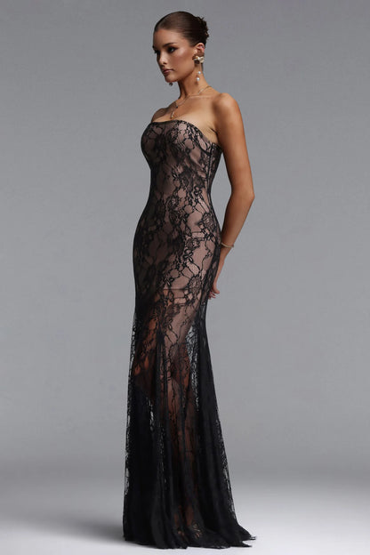 Elegant Strapless Black Lace Overlay Column Gown
