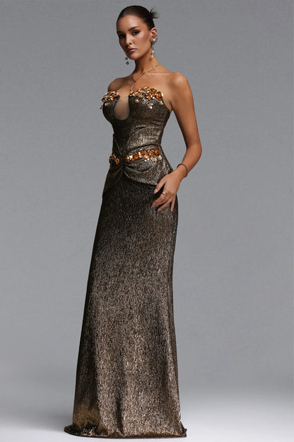 Metallic Bronze Corset Gown with Floral Embellishments
