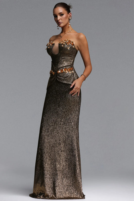 Metallic Bronze Corset Gown with Floral Embellishments