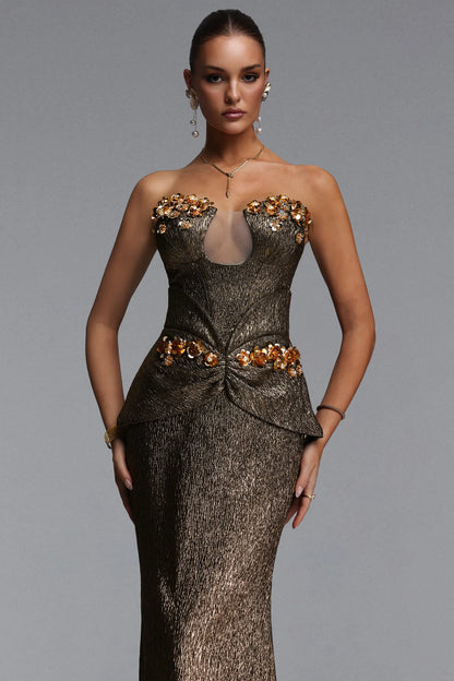 Metallic Bronze Corset Gown with Floral Embellishments