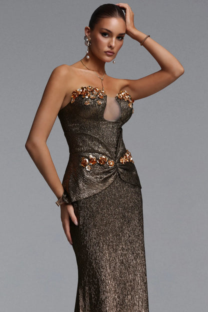 Metallic Bronze Corset Gown with Floral Embellishments