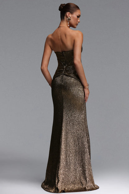 Metallic Bronze Corset Gown with Floral Embellishments