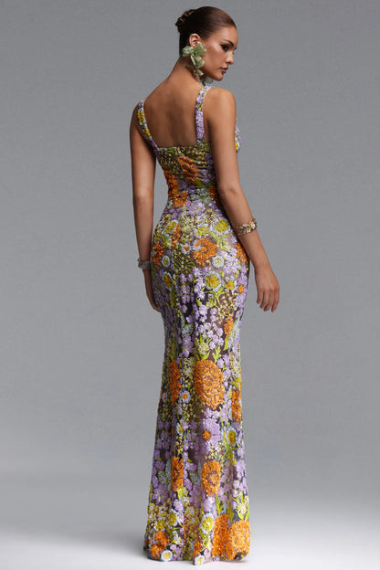 Vibrant Floral Embroidered Scoop-Neck Column Gown