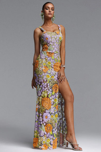 Vibrant Floral Embroidered Scoop-Neck Column Gown