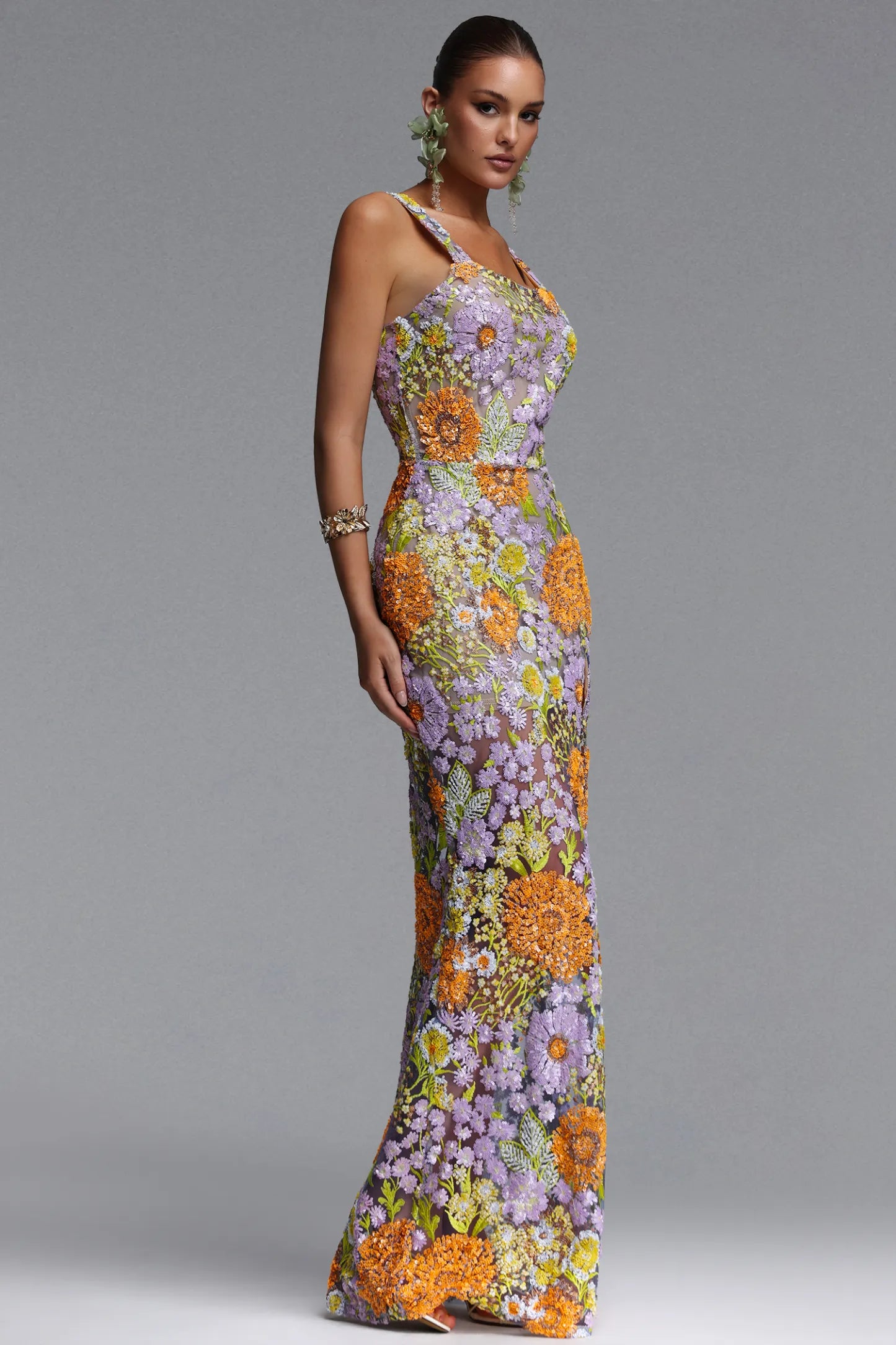 Vibrant Floral Embroidered Scoop-Neck Column Gown