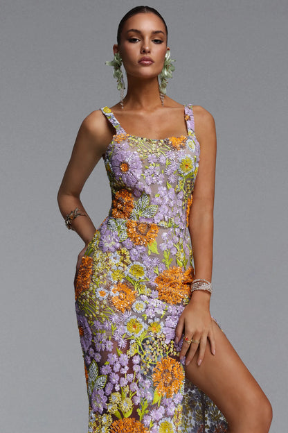 Vibrant Floral Embroidered Scoop-Neck Column Gown