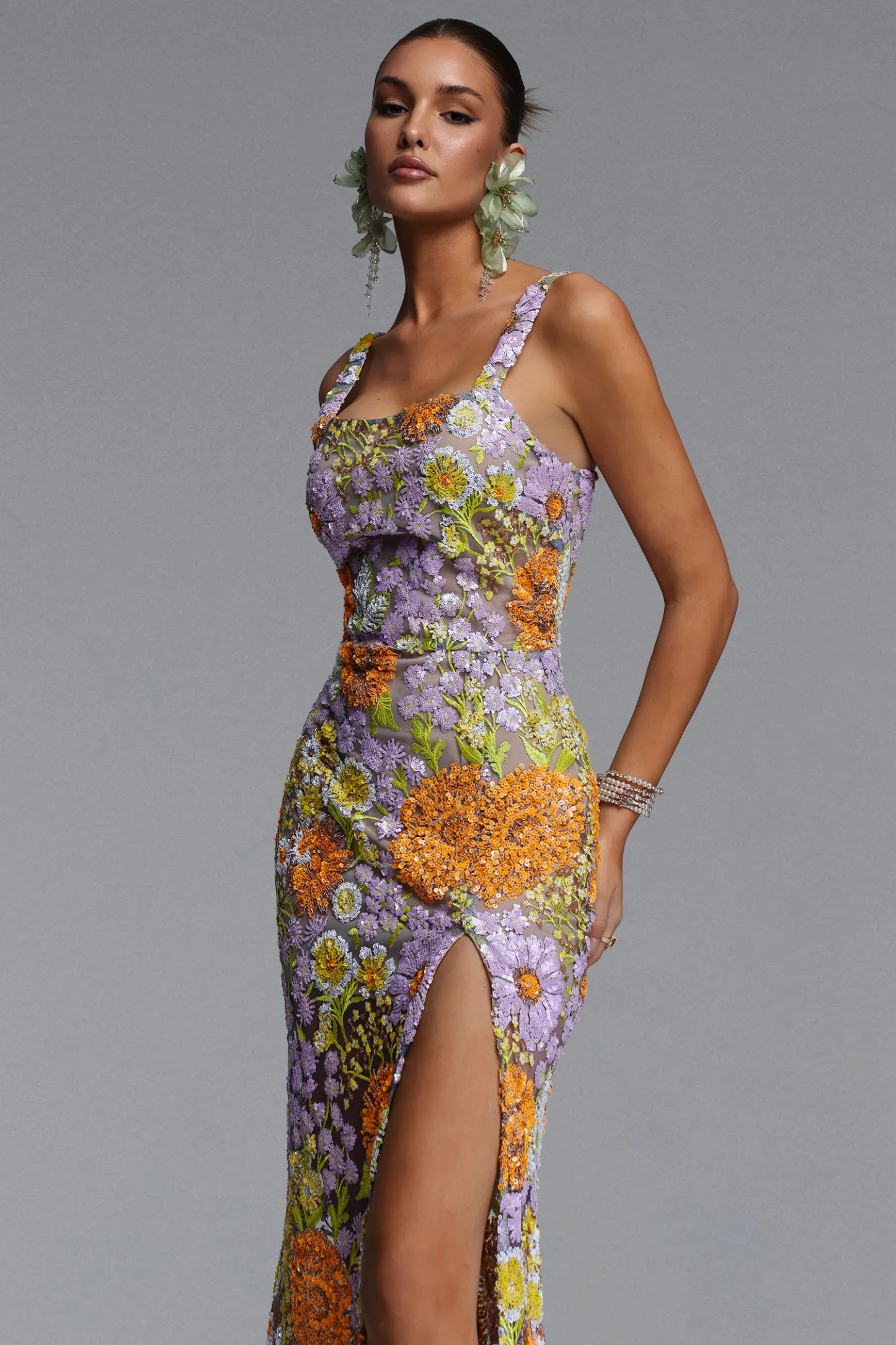 Vibrant Floral Embroidered Scoop-Neck Column Gown