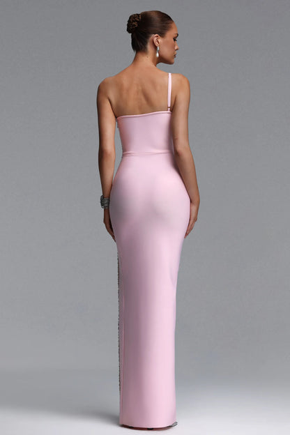Radiant Crystal-Accented One-Shoulder Pastel Pink Gown
