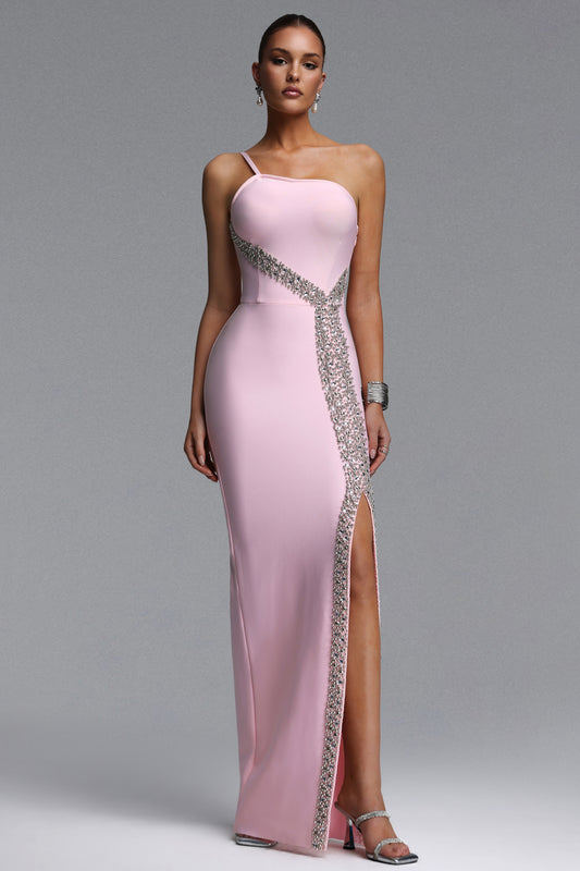 Radiant Crystal-Accented One-Shoulder Pastel Pink Gown