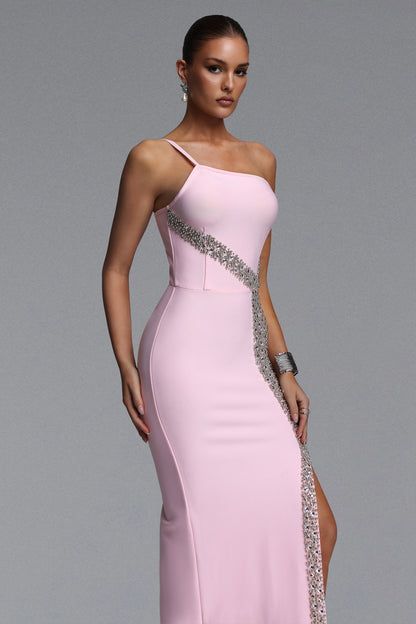 Radiant Crystal-Accented One-Shoulder Pastel Pink Gown