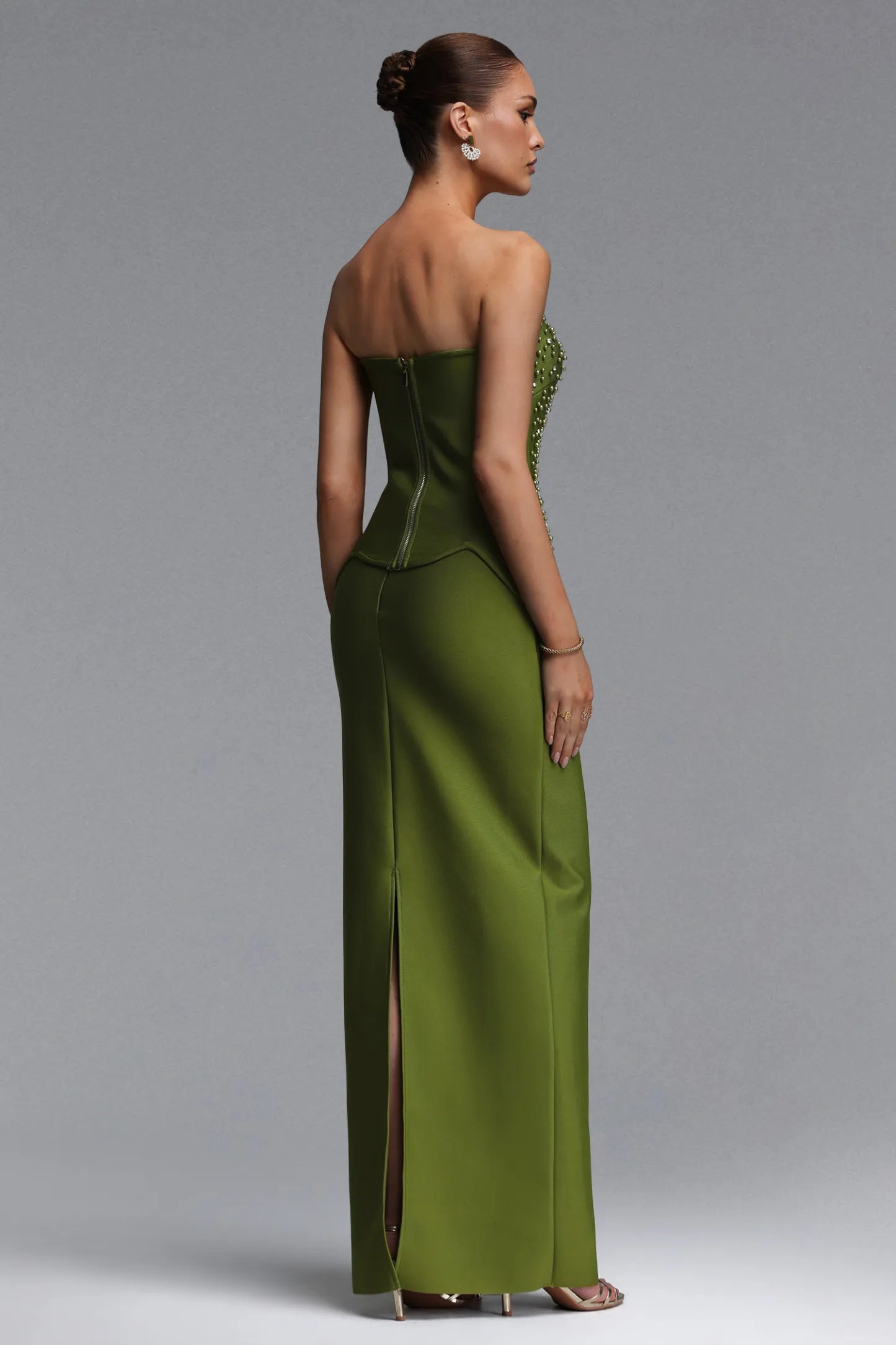 Elegant Stud-Embellished Strapless Corset Gown in Olive