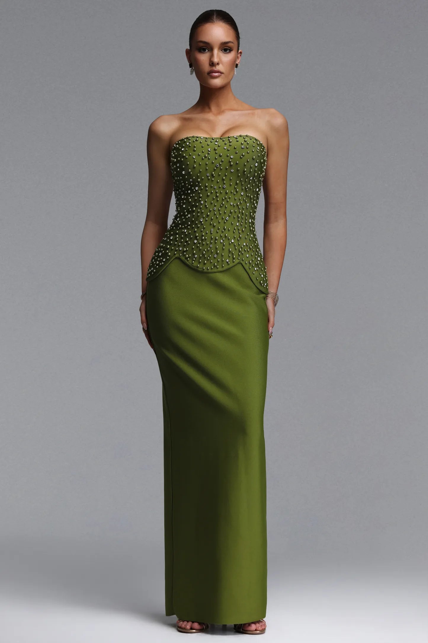 Elegant Stud-Embellished Strapless Corset Gown in Olive