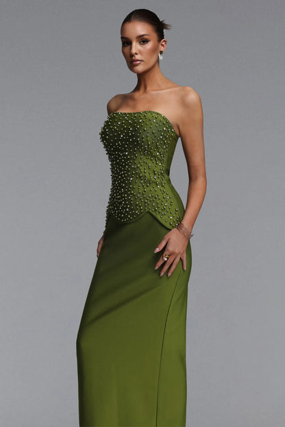 Elegant Stud-Embellished Strapless Corset Gown in Olive