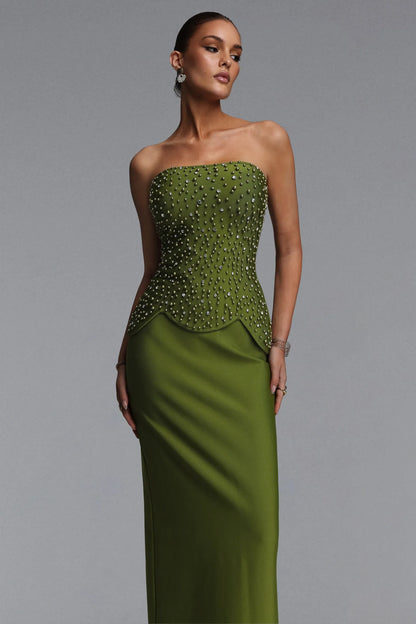 Elegant Stud-Embellished Strapless Corset Gown in Olive